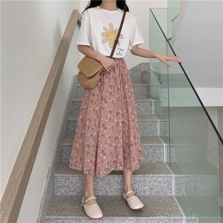 jinran Vintage Floral Print A-line Pleated Long Skirts Summer Women Korean Harajuku Skirt Streetwear Boho Elastic Waist Midi Skirt 2021
