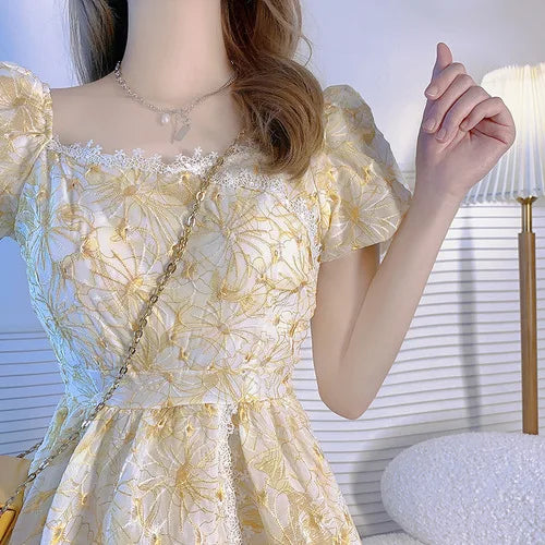 jinran Lace Vintage Fairy Dress Women Yellow Floral Print French Sweet Dress 2024 Summer Holiday Party Long Split Dress Female Korean