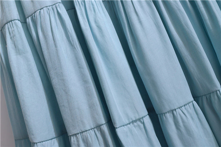jinran Summer Stitching Cotton and Linen Skirt Elegant Elastic High Waist Ruffles Pleated All-match A Line Skirt Casual Beach Holiday