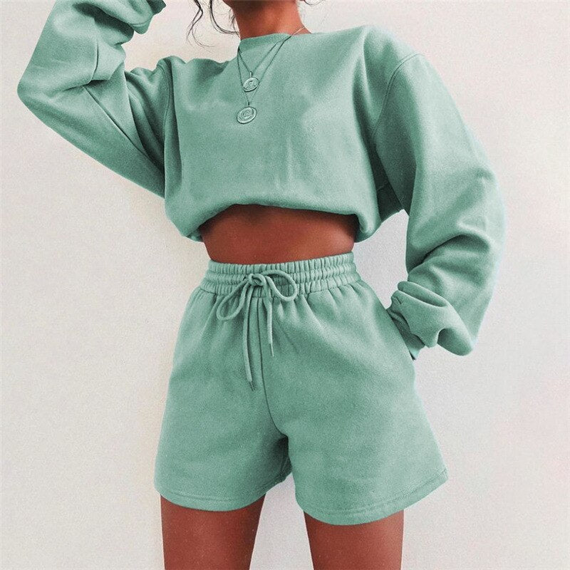 jinran Autumn Women's New Fthick Loose Wild Long-sleeved Hoodie Shorts Suit Casual Fashion 2 Pieces Set Sweatshirt and Shorts