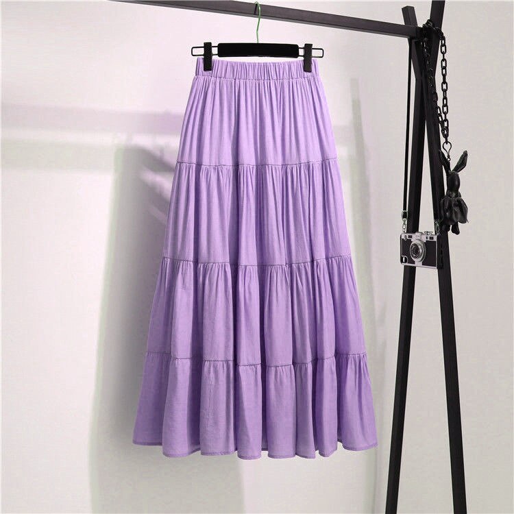 jinran Summer Stitching Cotton and Linen Skirt Elegant Elastic High Waist Ruffles Pleated All-match A Line Skirt Casual Beach Holiday