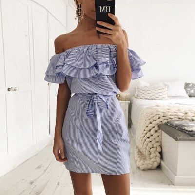 jinran Woman Summer Dress 2023 Low-Cost Mileage off-the-Shoulder Striped A Spot Dresses For Women Vestidos YRW6806