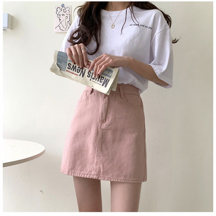 jinran Women Korean Harajuku Denim Skirt Casual Summer High Waist Elegant Solid Simple Wild A Line Mini Skirts Vintage Y2K Streetwear