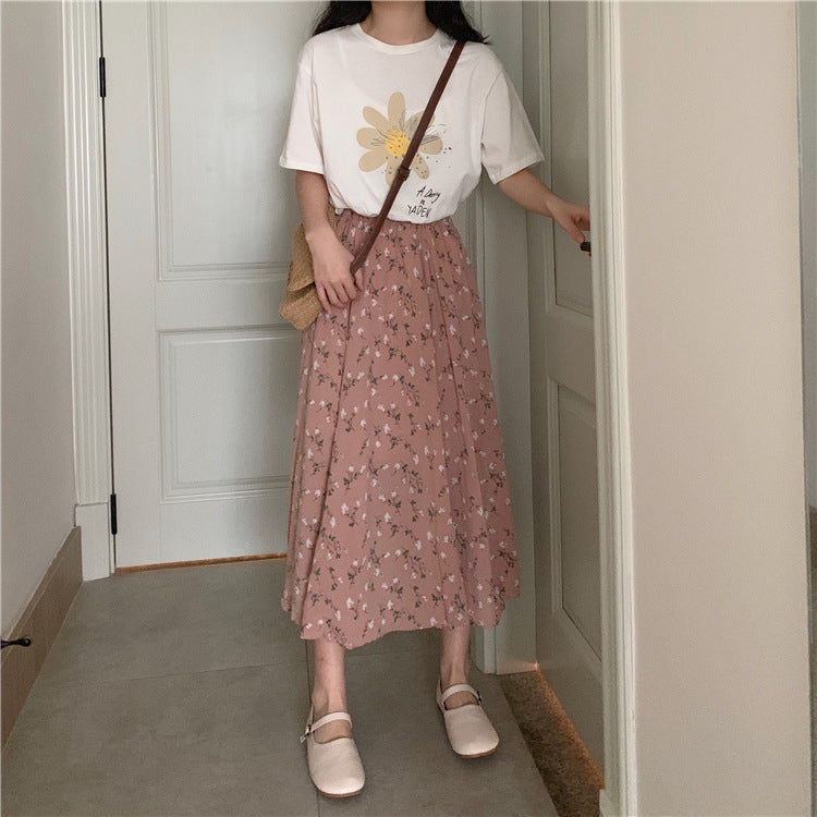 jinran Vintage Floral Print A-line Pleated Long Skirts Summer Women Korean Harajuku Skirt Streetwear Boho Elastic Waist Midi Skirt 2021