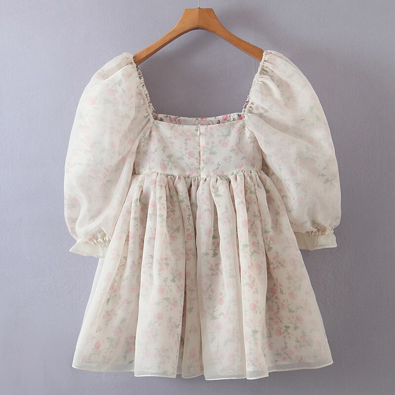 jinran Summer Women Both-Sides Wear Floral Print Chiffon Organza Dress Sexy Square Neck Puff Sleeve Holiday Party Dress Short Vestido