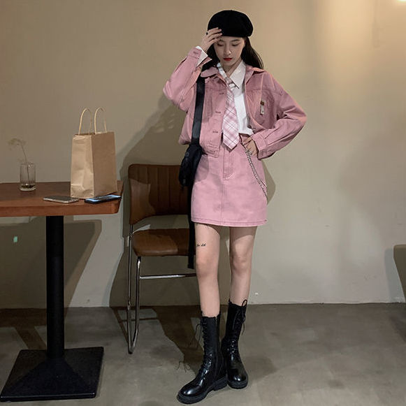 jinran Retro pink Women denim skirt two piece set summer Korean fashion new turn-down collar short jacket + mini skirt suit