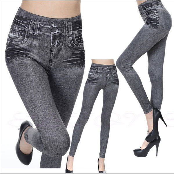 jinran Women Leggings Fashion Faux Denim Jeans Leggings Sexy Long Pocket Printing Leggins Summer Casual Pencil Pants