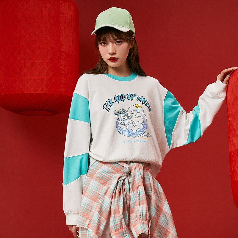 jinran Women Hoodie Spring 2021 New Contrast Color O Neck New Year Sweatshirt Oversize
