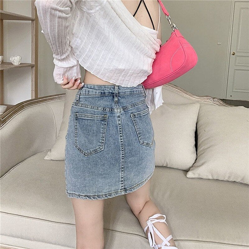 jinran Skirts Women Bodycon Sexy Side Split Cross Bandage Denim Jupe Summer High Waist Streetwear Fashion Korean Style Club Y2K Girls