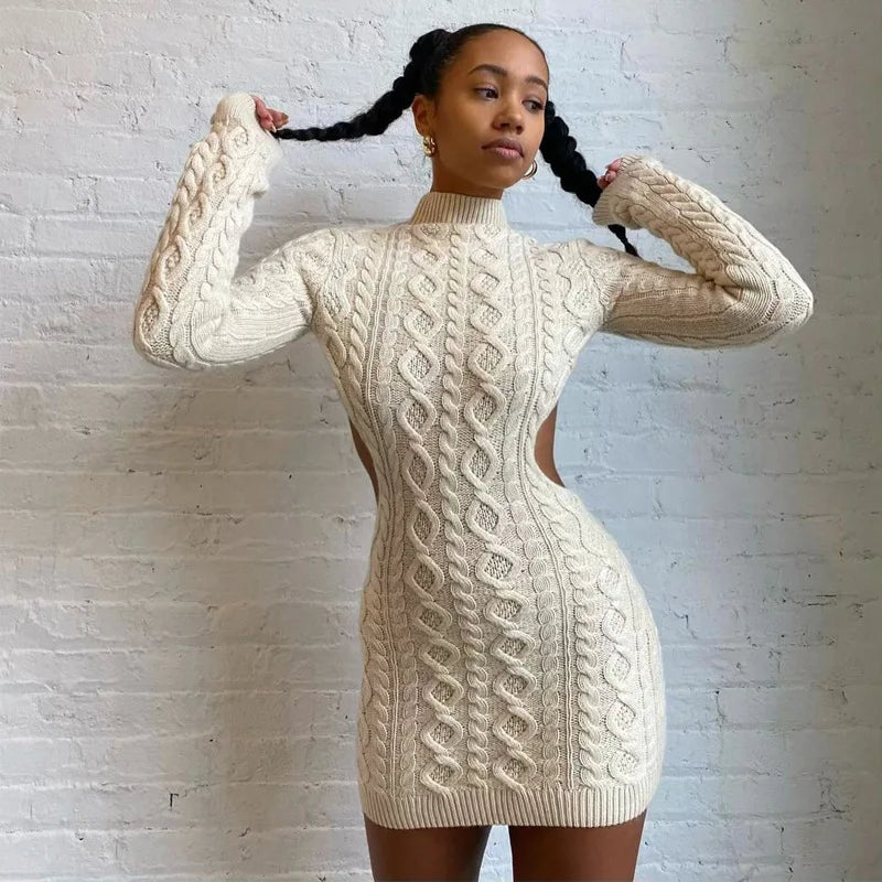 jinran Backless knitted Dress Long Sleeve Women Autumn Knitwear Mini Dress Sexy High Street Slim Bodycon Dresses 2024