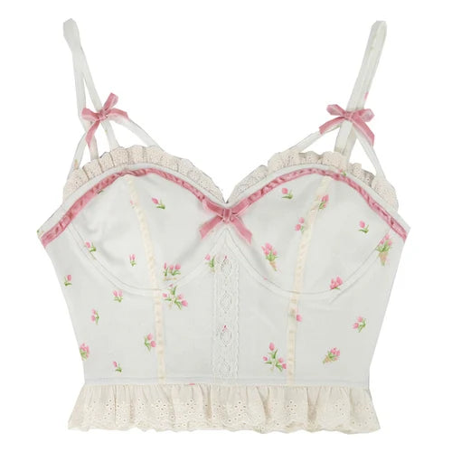 jinran White Backless Sexy Beach Sweet Cute Camis Women 2024 Summer Floral Kawaii Halter Tops Lace Print Party Korean Fashion Clothing