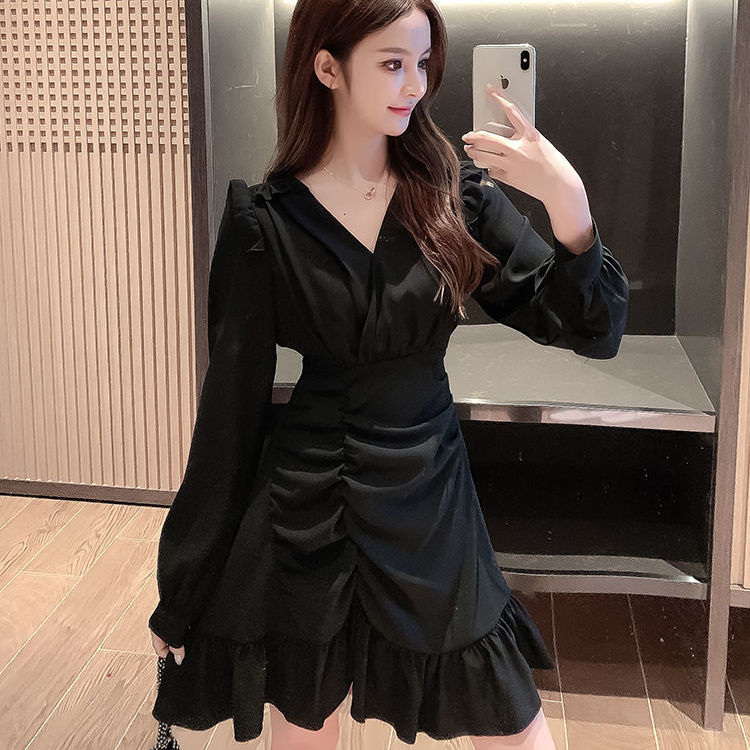jinran Women Long Sleeve Dresses Solid Ruffles Elegant Gentle Sweet V-neck Shirring Ulzzang Trendy A-line Irregular Designed Slim Teens