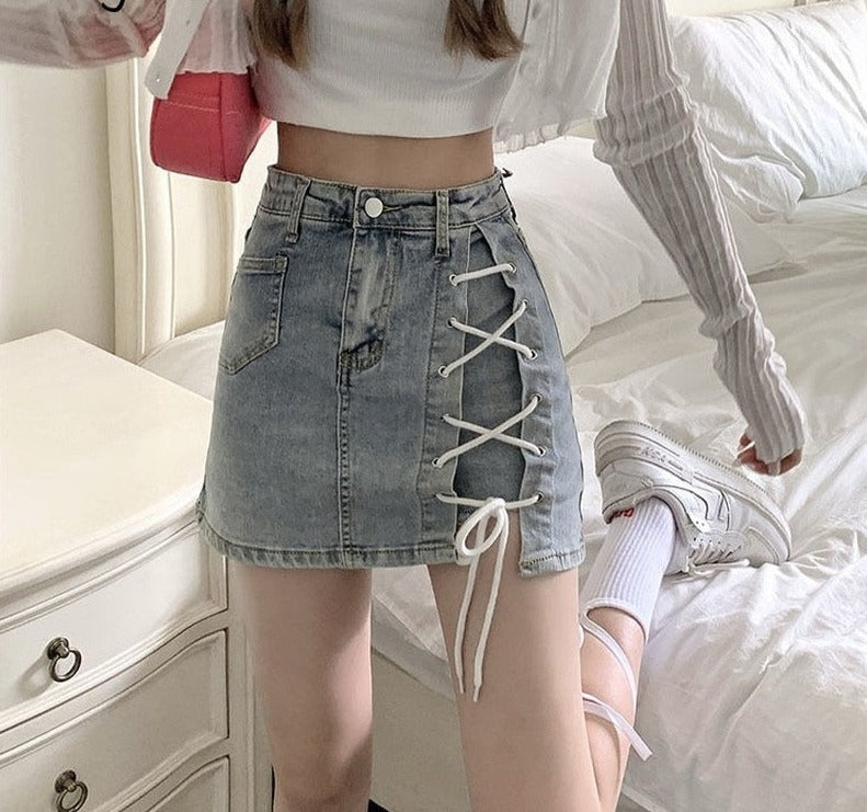 jinran Skirts Women Bodycon Sexy Side Split Cross Bandage Denim Jupe Summer High Waist Streetwear Fashion Korean Style Club Y2K Girls