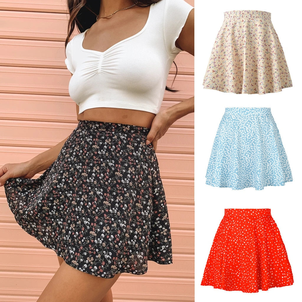 jinran Summer Women Skirt Harajuku new 2023 ladies floral zipper printed chiffon tall waist umbrella skirt Women Sweet Elegant WSL4427