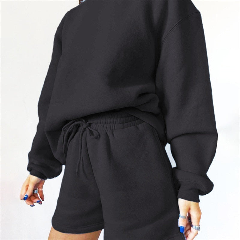 jinran Autumn Women's New Fthick Loose Wild Long-sleeved Hoodie Shorts Suit Casual Fashion 2 Pieces Set Sweatshirt and Shorts
