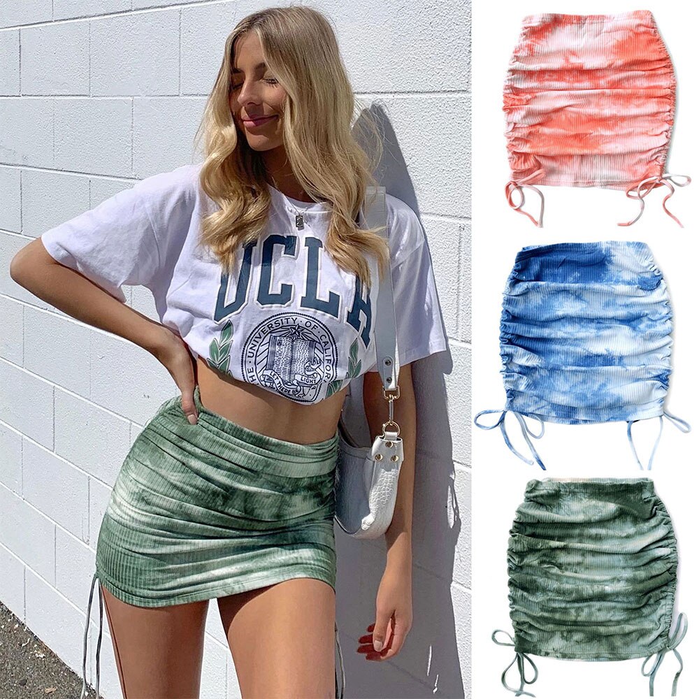 jinran women 2022 summer sexy Nightclub High-waisted elasticity knit pleated Side drawstring Tie dye Buttocks skirt