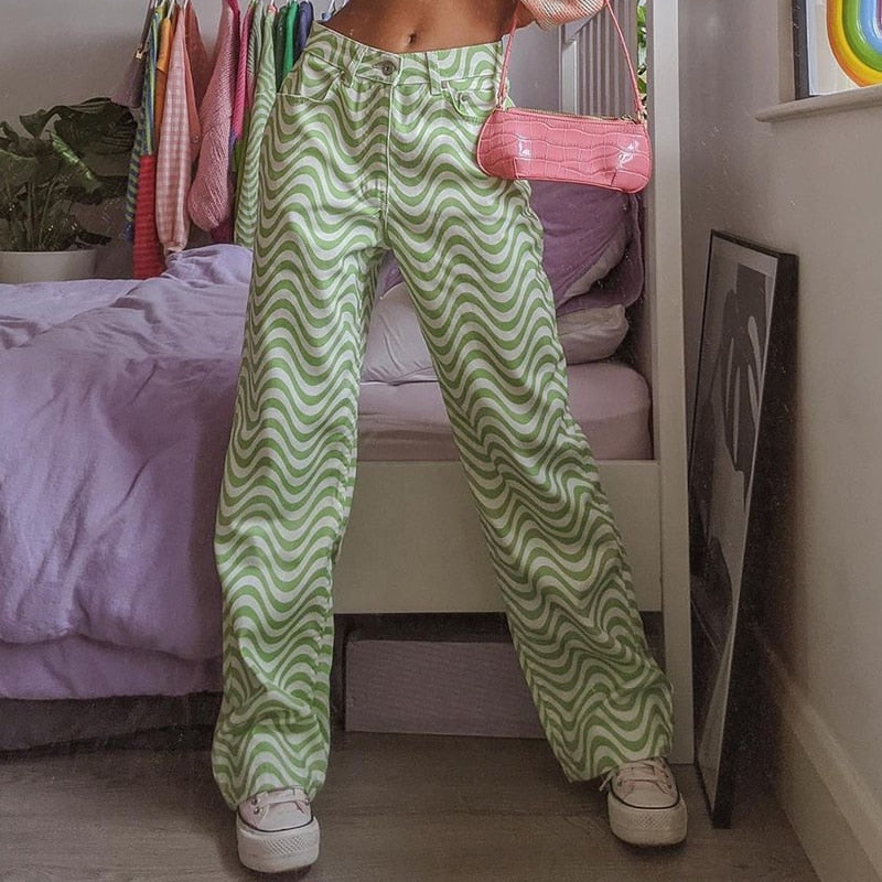 jinran Ripple Print Women High Waist Wide Leg Pants Jeans Loose Streetwear Casual Fashion 2021 Summer Clothes Bottoms Trousers