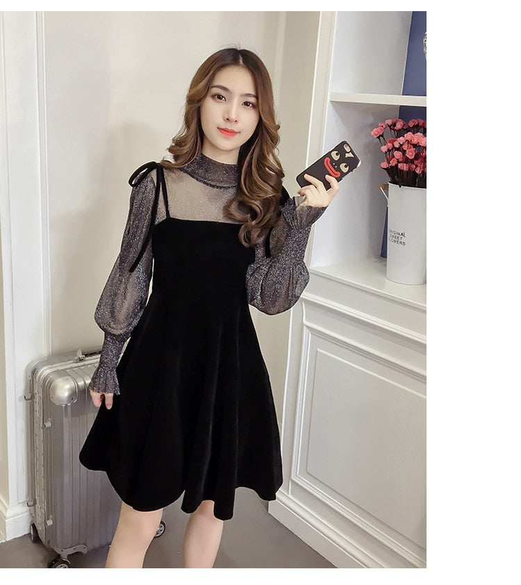 jinran Spring New Elegant Two Piece Dress for Women Women Winter Korean A-Line O-Neck Tops and Black Sundress Streetwear Dress Vestidos