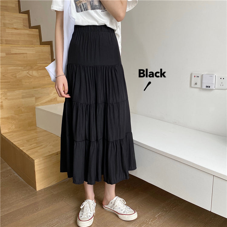 jinran Women High Waist Elegant Wild A Line Cake Skirts Summer Korean Solid White Black Chiffon Shirts Beach Vacation Midi Shirts