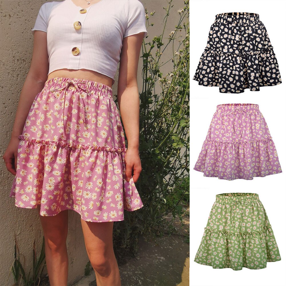 jinran Summer Boho Floral Print Mini Skirt Women Elegant Ruffles Short Skirts Elastics Waist Lace Up A-Line Skirts