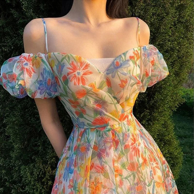 jinran Summer Floral Design Elegant Midi Dresses Women Office Lady One Piece Dress Korean Short Sleeve Vintage Beach Strap Dress 2024