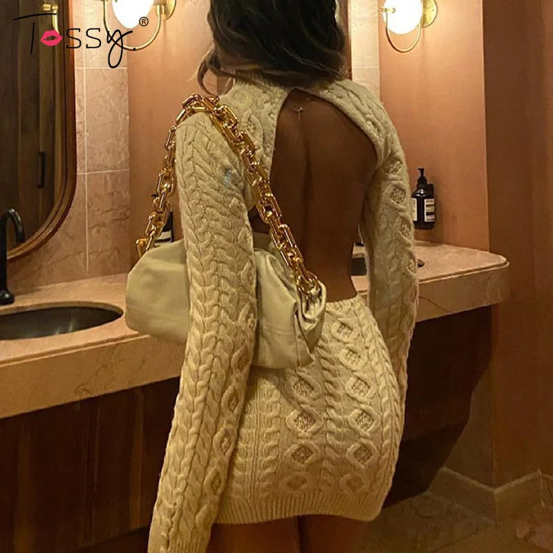 jinran Backless knitted Dress Long Sleeve Women Autumn Knitwear Mini Dress Sexy High Street Slim Bodycon Dresses 2024