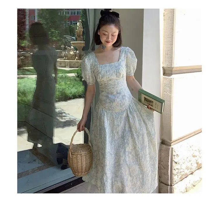 jinran French Vintage Floral Dress Women Square Collar Design Slim Party Dress Female Chiffon Puff Sleeve Wedding Party Midi Dress 2024