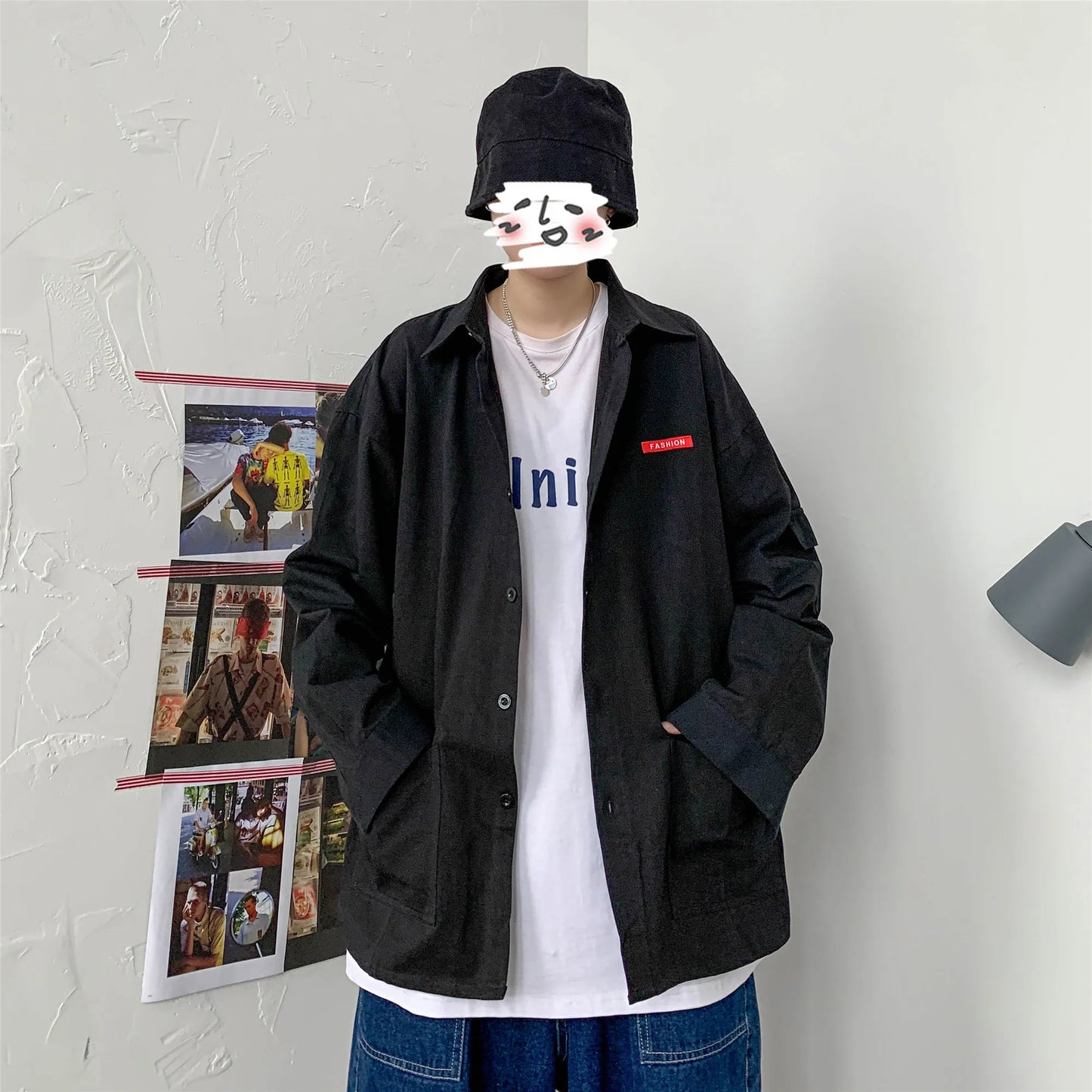 Men Harajuku Solid color Mens Streetwear Long Sleeve Male Vintage Korean Fashions shirts Oversized shi