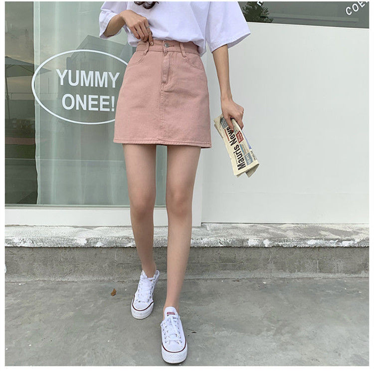 jinran Women Korean Harajuku Denim Skirt Casual Summer High Waist Elegant Solid Simple Wild A Line Mini Skirts Vintage Y2K Streetwear