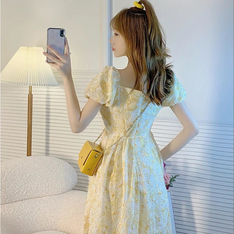 jinran Lace Vintage Fairy Dress Women Yellow Floral Print French Sweet Dress 2024 Summer Holiday Party Long Split Dress Female Korean