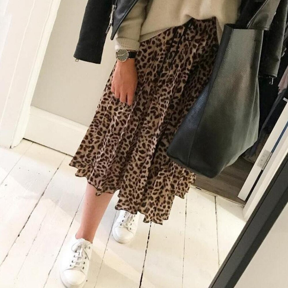 jinran Vintage Leopard Print Pleated Skirts Women Punk Rock Korean Skirt Streetwear Drawstring Elastic Waist Ladies Midi Skirt New