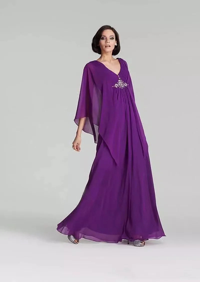 jinran Champagne Mother of the Bride Dresses Chiffon Cloak Sleeves Pleat Beaded Rhinestone Plus Size Wedding Party Evening Gowns 2024