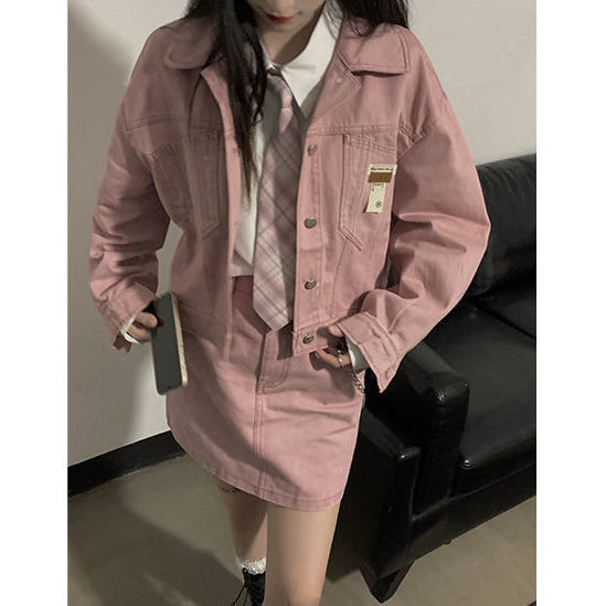 jinran Retro pink Women denim skirt two piece set summer Korean fashion new turn-down collar short jacket + mini skirt suit
