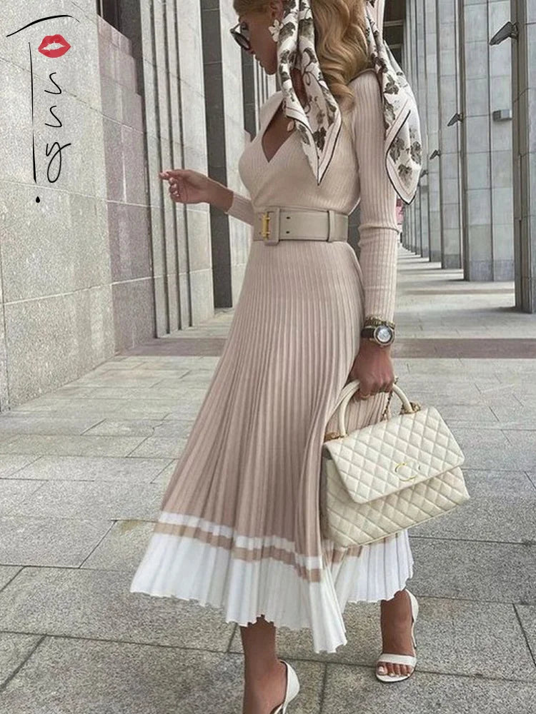 jinran Women Ribbed V-neck Fold Knitted Max Dress Ladies Skinny Sexy A-line Dresses Two Color Patchwork Elegant Chic Vestidos
