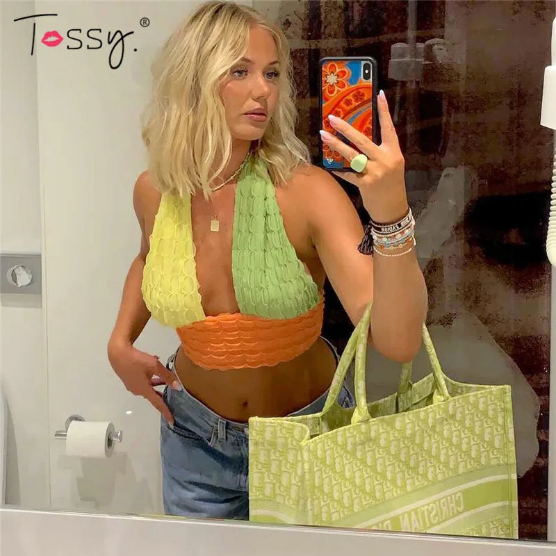 jinran Summer New Halter Contrast Color Tops New Women Sexy Backless Y2K Fashion Top Camis Cropped Tops Party Club Wear Camisole