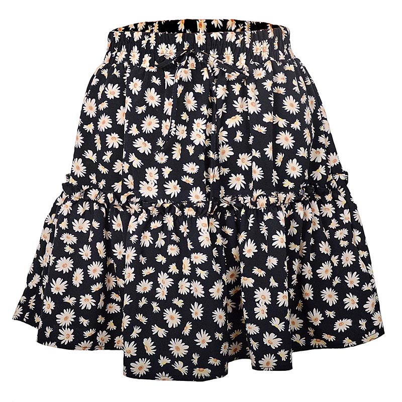 jinran Summer Boho Floral Print Mini Skirt Women Elegant Ruffles Short Skirts Elastics Waist Lace Up A-Line Skirts