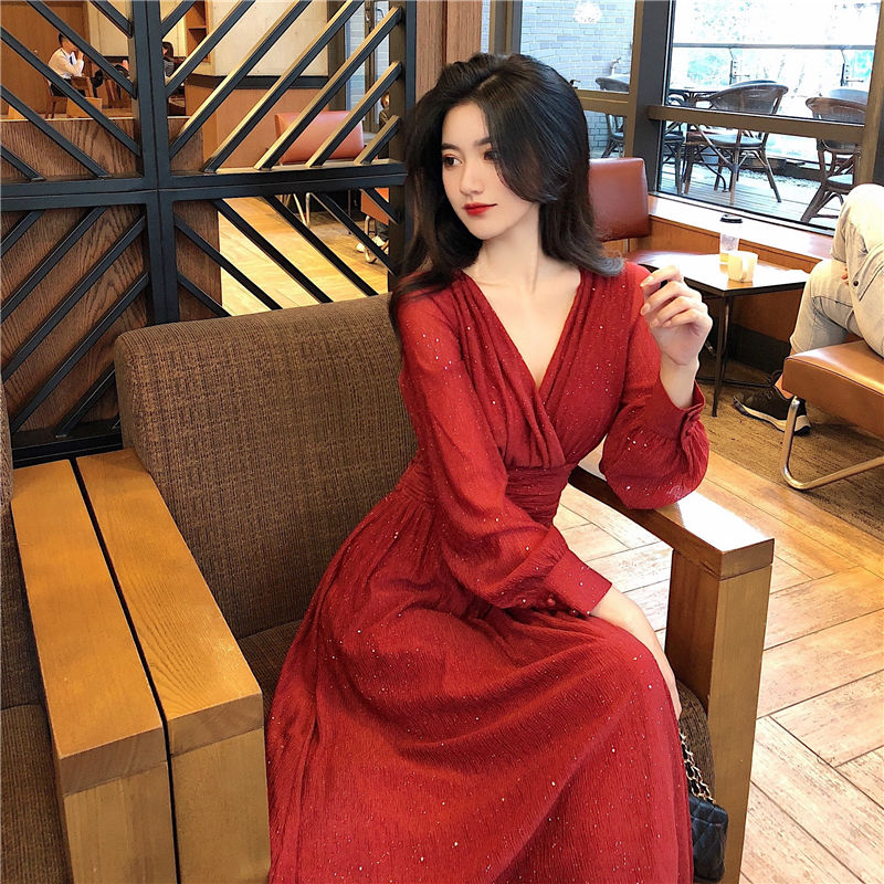 jinran Vintage Sexy Maxi Dresses for Women Party Sequin Midi Dress Female Casual Chiffon Slim Korean Woman Dress Elegant Autumn
