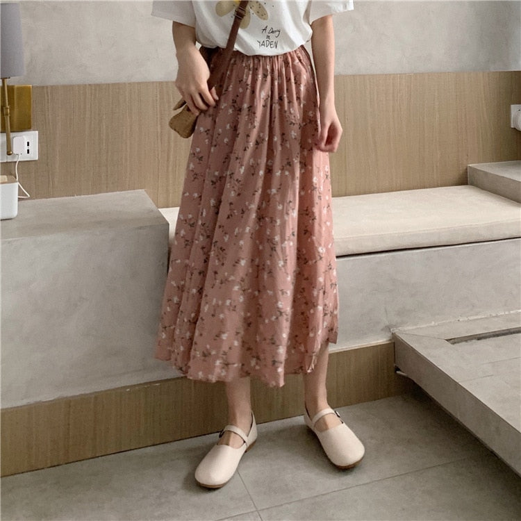 jinran Vintage Floral Print A-line Pleated Long Skirts Summer Women Korean Harajuku Skirt Streetwear Boho Elastic Waist Midi Skirt 2021