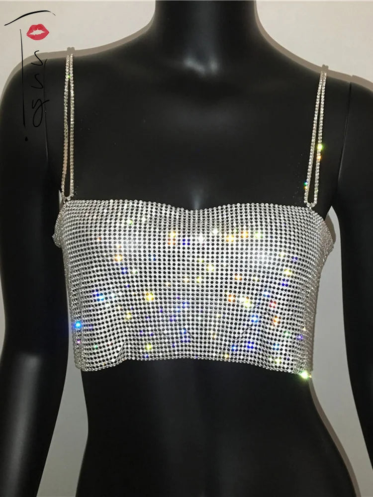 jinran Women Summer Shiny Crystal Chain Tank Top Silver Metal Mesh Halter Metallic Strap Crop Tops Vest Party Clubwear Outfits