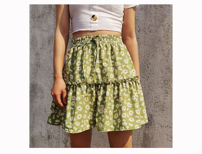 jinran Summer Boho Floral Print Mini Skirt Women Elegant Ruffles Short Skirts Elastics Waist Lace Up A-Line Skirts