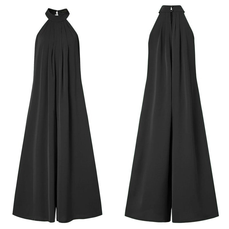 jinran Fashion Women Jumpsuits Summer Pleated Wide Leg Overalls Casual Solid Sleeveless Loose Button Up Oversized Rompers