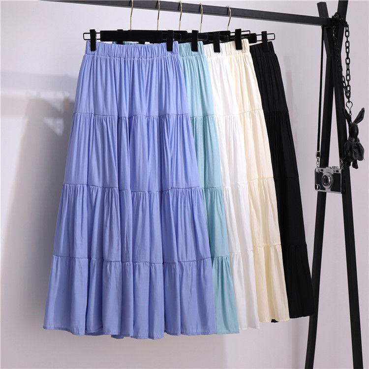 jinran Summer Stitching Cotton and Linen Skirt Elegant Elastic High Waist Ruffles Pleated All-match A Line Skirt Casual Beach Holiday