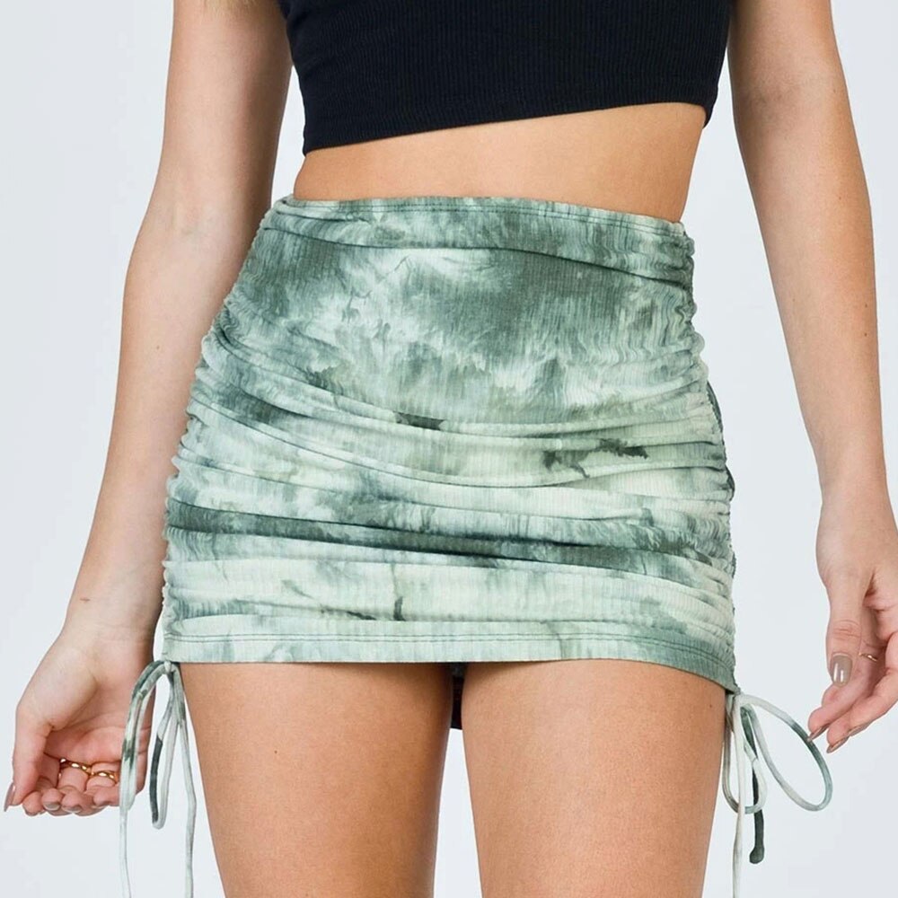 jinran women 2022 summer sexy Nightclub High-waisted elasticity knit pleated Side drawstring Tie dye Buttocks skirt
