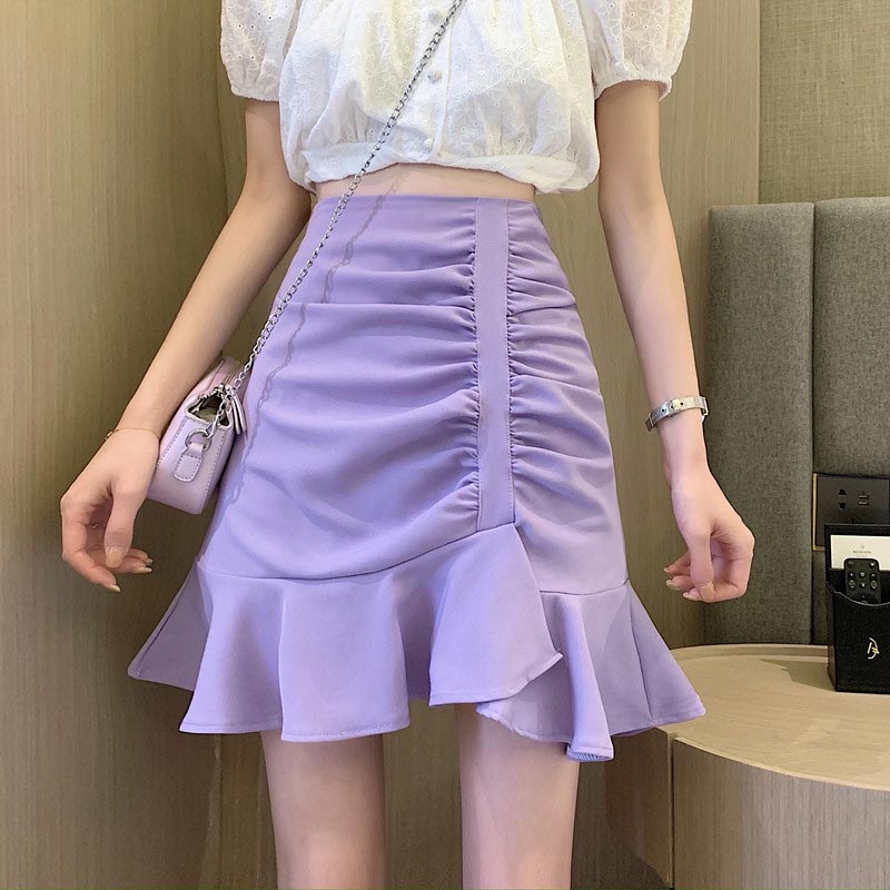 jinran Women Ruffles Pleated A-Line High Waist Irregular Summer Sexy Solid Elegant Skinnny Preppy Style Club Mini Skirt