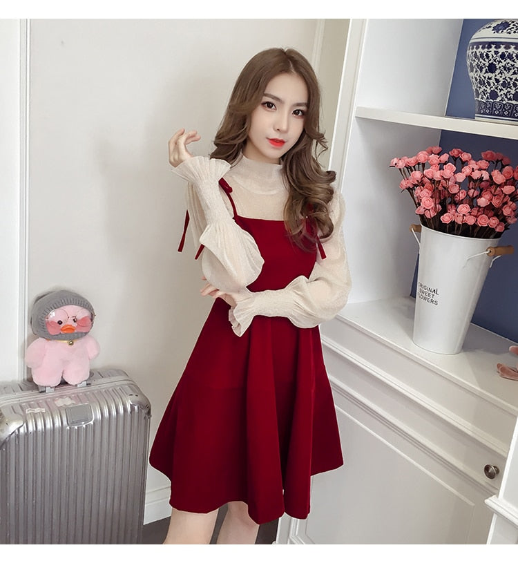 jinran Spring New Elegant Two Piece Dress for Women Women Winter Korean A-Line O-Neck Tops and Black Sundress Streetwear Dress Vestidos