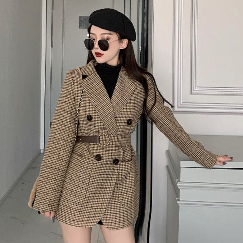 jinran Vintage Houndstooth Jacket Blazer Women Plaid Lady Suit Jacket with Belt Long Sleeve Female Tailored Coat Street Wear New