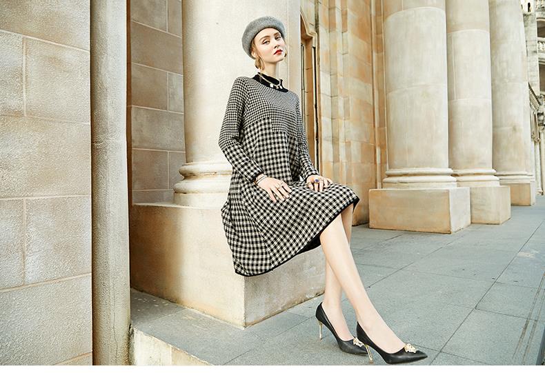 jinran Women Black Bird Lattice Midi Dress Autumn Winter Thick Warm Korean Vintage Casual Sweaters Elegant Bodycon Coat Sweaters