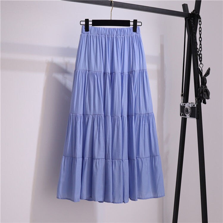 jinran Summer Stitching Cotton and Linen Skirt Elegant Elastic High Waist Ruffles Pleated All-match A Line Skirt Casual Beach Holiday