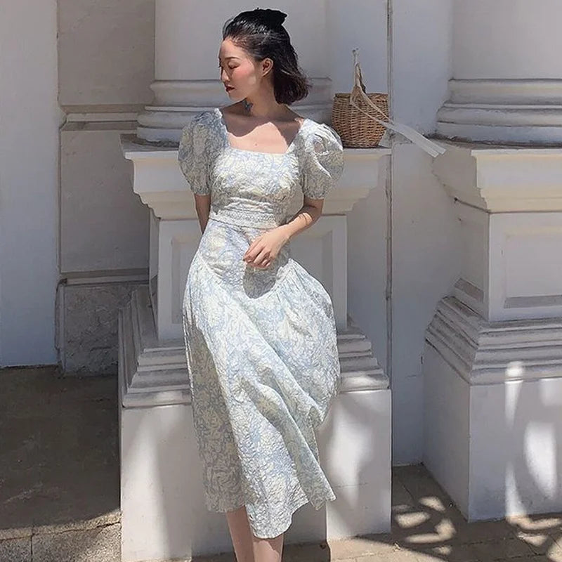 jinran French Vintage Floral Dress Women Square Collar Design Slim Party Dress Female Chiffon Puff Sleeve Wedding Party Midi Dress 2024