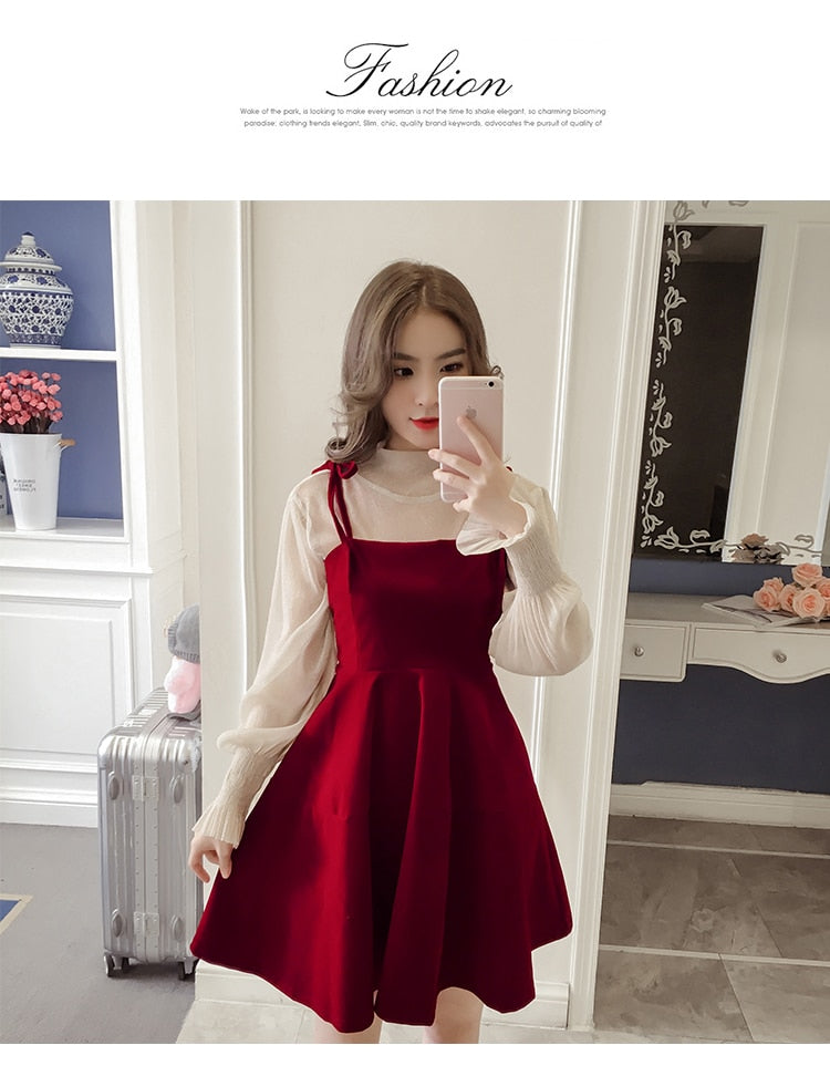 jinran Spring New Elegant Two Piece Dress for Women Women Winter Korean A-Line O-Neck Tops and Black Sundress Streetwear Dress Vestidos